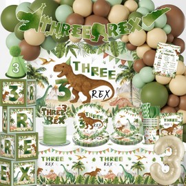 cocomigo 232 Pcs Three Rex Birthday Decorations Boy Complete Party Set, 3 Rex Birthday Decorations Boys, for Dinosaur Theme 3rd Party Supplies, Serves 20 Guests