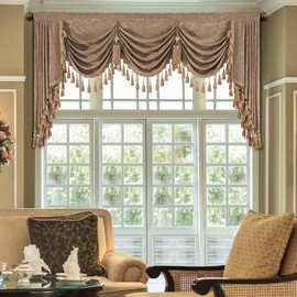 Loom and Mill Thick Chenille Waterfall Valance for Living Room, Luxury Swag Valances with Multi-Tassels & Pendants, Beige Swag Curtains for Bedroom Kitchen Dining Room Window Decor(W79Inch,1 Panel)