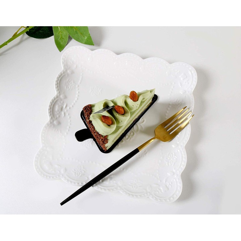 YBK Tech Elegant Square Embossed Lace Plate, Ceramic Serving Plate