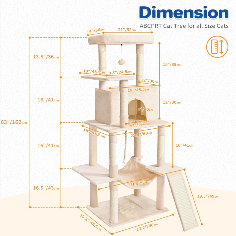 ABCPET Cat Tree Tower 63in Multi-Level Cat Tower for Indoor