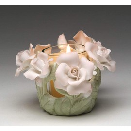 30642 Fine Porcelain Hand Painted Roses with Glass Cup Tealight Votive Candle Holder (Candle NOT Included), 5"