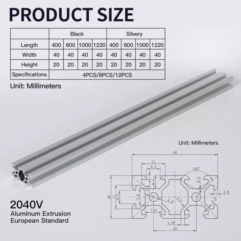 4pcs 200mm 2040 V-슬롯 압출 알루미늄 프로파일 3D 프린터 프레임용
