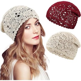 2 Pieces Floral Crochet Slouchy Beanie Hat Handmade Knit Cutout Women Floral Skull Cap Stretchy Knitted Crochet Hat for Women (Style 1, One size)