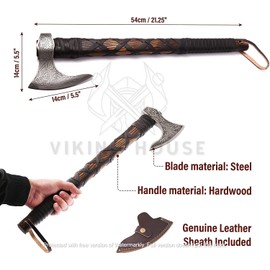 VIKING HOUSE | Viking Axe | Wolf & Vegvisir Carbon Steel Axe Head | Wolf Camp Axe | Genuine Leather Sheath & Wrap | Bearded Axe | Ragnar Lothbrok Axe...