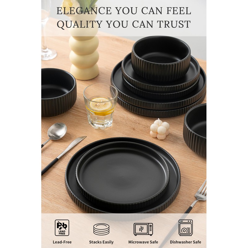 FOBENTA Modern Plates and Bowls Set for 6,18 Piece Black