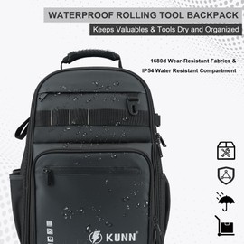 KUNN Tool Backpack with Wheels, Heavy Duty Rolling Tool Bag with 47 Pockets & Loops, Water-Resistant Work Backpack for Electrician Construction HVAC, Black