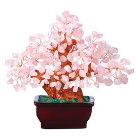 Top Plaza Rose Quartz Healing Crystal Money Tree 7 Inch Stone Bonsai Feng Shui Good Luck Wealth Decor Business Gift for Office Home Living Room