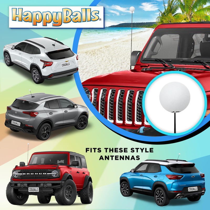 HappyBalls Plain White Car Antenna Topper Auto Accessory - Fits