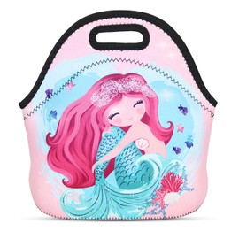 JIMOWANG Pink Cartoon Mermaid Cute Neoprene Lunch Bag Reusable Lunch Box Insulated Lunch Bags Tote Cartoon Thermal Picnic Waterproof Lunch Handbag
