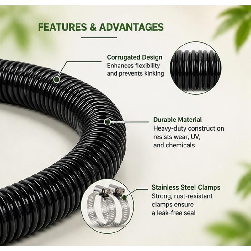 Pond Hose ID 2” × 50ft Black Corrugated Flexible Pump
