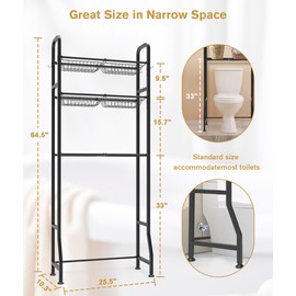 Fandature Over The Toilet Storage Rack with 3-Tier Shelf for Bathroom, Freestanding Above Toilet Stand Organizer with 6 Adjustable Shelves & 4 Hanging Hooks, Black