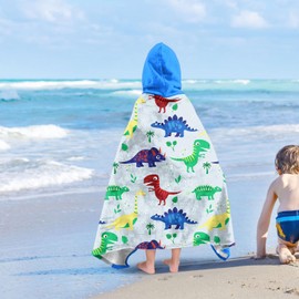 Dinosaur Boys Beach Towel with Hoodie for Kids Toddlers Age 8-12, Dino Blue Bath Towels Shower Wrap for Boys, Large Hooded Beach Blanket for Pool Swimming Wearable Bath Towel for Child 35''x60''