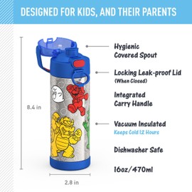 THERMOS FUNTAINER 16 Ounce Stainless Steel Vacuum Insulated Bottle with Wide Spout Lid, Mario