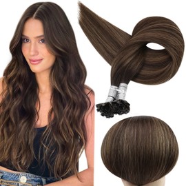 Full Shine Keratin Nail Tip Hair Extensions Prebonded Fusion Hair Extensions 14 Inch U Tip Hair Extensions Human Hair 2 Darkest Brown Fading to 8 Highlight 2 Brown 50 Grams