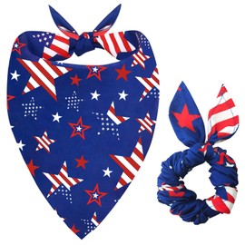 4th of July Dog Bandanas & Matching Scrunchie Set Blue Independence Holiday Bandana for Medium Large Pet Dogs Birthday and Owner Gifts,Durable Triangle Single Sided Dog Scarf 17.7x17.7X 25.6 Inches