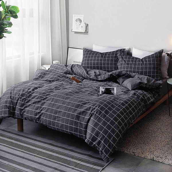 Nanko Queen Duvet Cover Set Black Grid Geometric 3 Pieces 90x90 Luxury Microfiber Quilt Bedding Cover with Zipper Closure, Ties - Organic Modern Style for Men and Women, Plaid