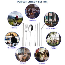 Narcilors 8 Pieces Portable Reusable 304 Stainless Steel Travel Camping Cutlery Set with Waterproof Case Travel Silverware Dinnerware Set (Silver)