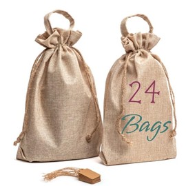 24 Pack - Burlap Bags with Drawstring 10" X 13" X 2" Jute Gift Bags Handle & Labels, Diy Craft, Wedding, Party Favor, Kitchen Storage, Rustic Multi-Use