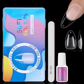 Almond Nail Tips - 300Pcs Short Nail Tips for Gel Extensions - 15 Sizes Half-Matte Clear Acrylic Gel Kit with Nail Glue - Full Cover False Press on Nails Manicure Salon DIY at Home