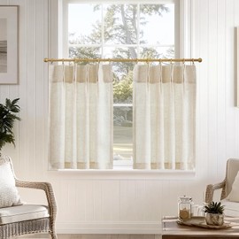 jinchan Linen Pinch Pleated Kitchen Curtains 36 Inch 2 Panels, Natural Linen Tier Curtains Back Tab Beige Farmhouse Cafe, Light Filtering Small Window Drapes for Bathroom Laundry Room Beige