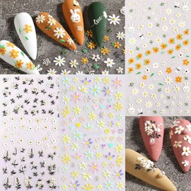 hyhy 5D Nail Flowers Art Stickers, 3 Sheets Autumn Self-Adhesive Decals Designs, Yellow White Colorful Flower Sticker, Summer Floral Manicure Stickers Decorations for DIY