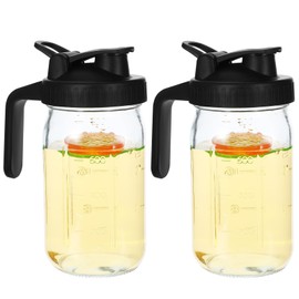 Glass Mason Jars Pitcher 32 Oz Pour Spout Lids & Handle (2 Set) Wide Mouth Airtight Leak Proof Fridge Breast Milk Pitcher With Top Flip Cap 1 Quart Water Jug For Cold Brew Coffee, Iced Tea, Beverage