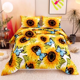 Namoxpa 6 Pieces Sunflower Comforter Sets,3D Pattern with Sunflower Blue Butterflies,Decorative 6 Piece Bedding Sets with Comforter,Flat Sheet,Fitted Sheet,Throw Pillow Cover,Pillow Shams,Twin Size
