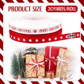 COLOFALLA 2 Rolls x 18.2 m x 10 mm Christmas Gift Ribbon Christmas Ribbons Ribbon Merry Christmas Stars Christmas Decorative Ribbon Ribbons for DIY Crafts for Gifts Party Decoration Red White