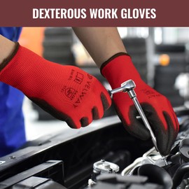 Velway 12 Pairs Safety Work Gloves - Firm Grip Gardening Gloves Non-Slip PU Coated Lightweight Breathable Protective Mechanic Builders Working Gloves Men Women for General Duty Work Red (Size 10/XL)