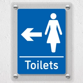 V Safety Women's Toilets - Arrow Left Blue Acrylic Sign 200x300mm - Durable, Shatterproof Directional Signage