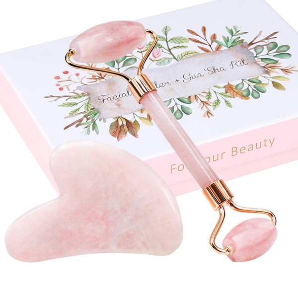 MOOTVGOO Jade Roller and Gua Sha Tools Set, Anti-Aging Rose Quartz Roller Massager for Face, Eyes, Neck, Body Muscle Relaxing and Relieve Fine Lines and Wrinkles-Pink