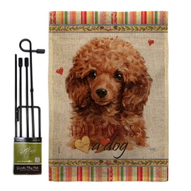 Dog Miniature Poodle Happiness Burlap Garden Flag Set with Stand Animals Puppy Spoiled Paw Canine Fur Pet Nature Farm Animal Creature Small Gift Yard House Banner Double-Sided Made In USA 13 X 18.5