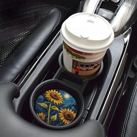 SimpleSteet Absorbent Ceramic Car Coasters for Cup Holders, Sunflower Starry Sky Oil Painting Design 2.56" Anti Slip Universal Drink Cup Coasters for Women Men (2 Pack)