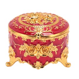 Vintage Metal Jewelry Box Round Exquisite Hand Carved Gold Flower Pattern Trinket Organizer for Ring Earring Necklace Red