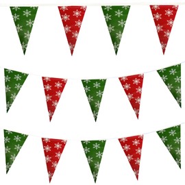 100FT Christmas Plastic Flags, Holiday Pennant Banner, Green and Red Garland with White Snowflakes, Xmas Decoration Triangle Flags, Winter Decoration Bunting Banner, by Bashout