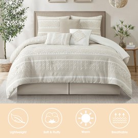 LANCO MODERN LIFESTYLE 7 Piece Queen Comforter Set, Beige, Elegant Jacquard with Patchwork, Stylish and Cozy Bedding Collection, Premium Bedding Set with Bedskirt, Shams and Pillows