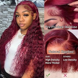 Burgundy Curly Lace Front Wig Human Hair 13x4 Deep Wave Wigs 180% Density 99j Colored Curly Human Hair Wigs for Black Women Wet and Wavy Wig Pre Plucked Natural Hairline (Burgundy Wig, 32 Inch)