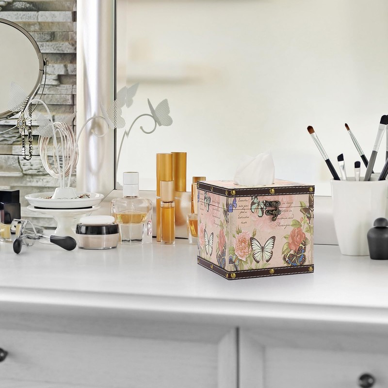 TOLIDA PU+ Wood Square Tissue Box Cover - Retro Household