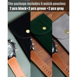 Bonaking 6PCS Watch Pouch: Portable Velvet Travel Case for Men & Women, Soft Watch Bag Storage - 2 Green, 2 Black, 2 Gray