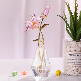 LONGWIN Crystal Artifical Tiger Lily Flowers with Crystal Vase - Pink Crystal Collectible Figurines Decorative Blooming Lily Flower for Home,Wedding - Gift Idea for Mothers Day, Valentine's Day