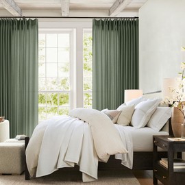 Extra Wide Pinch Pleat 100 x 84 Inch Linen Curtains for Living Room Divider Olive Green Light Filtering Semi Sheer Pleated Drapes Patio Curtains for Sliding Door Floor Ceiling Window Drapes Panels