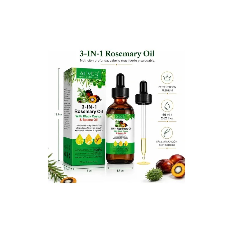 Aceite 3 En 1 Romero Ricino Negro Batana Anticaída Capilar
