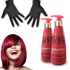 BIOBELLEZA Kit Shampoo Matizador Rojo Sin Parabenos Kolor Shot 2pzs Matiza e Intensifica tonos Rojos y Caobas proporcionando Brillo y Sedosidad Incluye Par de Guantes Negros de Látex