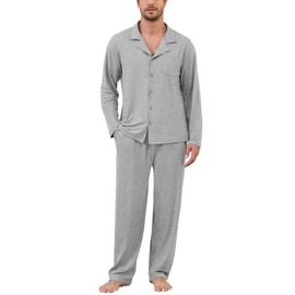 Marvmys Men's Sleep Sets,Cozy Pajamas Set Soft Sleepwear Long Sleeve Top & Bottom PJS Lounge Set Grey XL