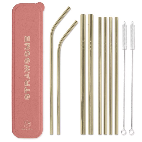 DesignWorks Ink Reusable Stainless Steel Straws with Case - Includes (2) Bendy Straw, (2) Smoothie Straw (4) Metal Straw, (2) Straw Cleaner Brush in Coral Pink "Strawsome" Straw Holder Travel Case