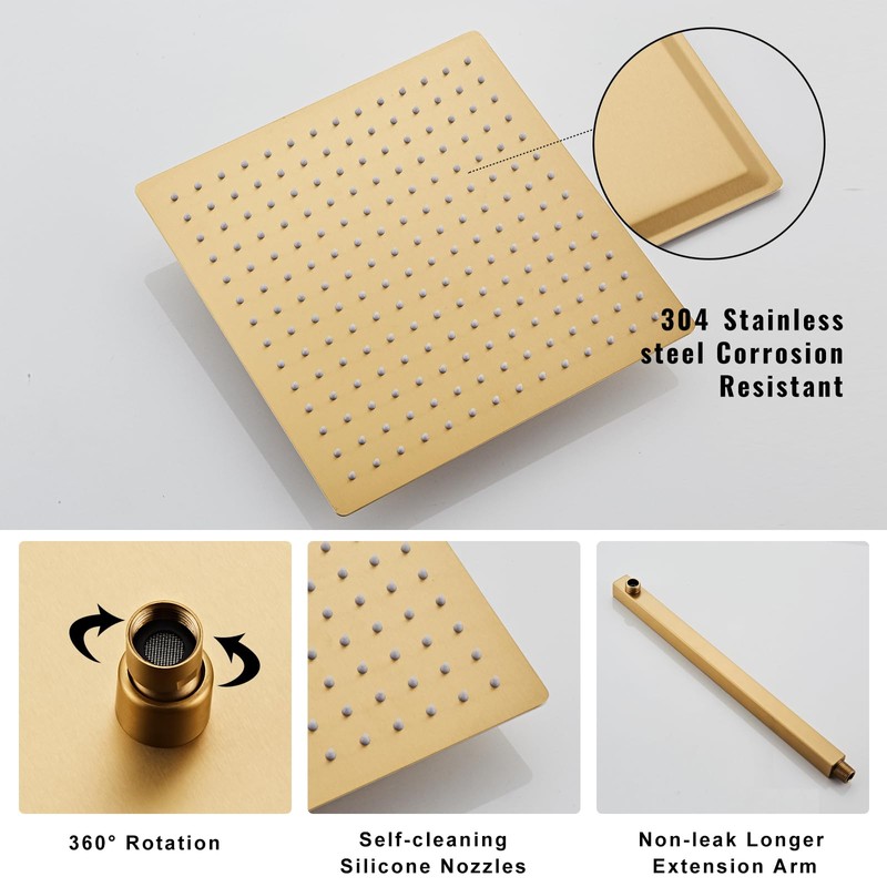 SaniteModar Brushed Gold Shower Head System 12 Inch Square Rainfall