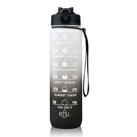 Water Bottle,Sports Bottle 1L Plastic Bottle BPA Free With Strew and Time Marking, Leak-Proof Bottle Water (Black & White)