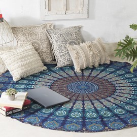 Popular Handicrafts Round Tapestry Set of 2, Wall Hanging Ombre Hippie Mandala Bohemian Hippy Intricate Indian Tapestries Tablecloth 70 Inches,(178cm) Purple & Blue
