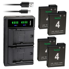 Kastar 4-Pack Battery and LTD2 USB Charger Compatible with DJI Osmo Action 3/4/5 Pro Battery, DJI Osmo Action 3, Action 4, Action 5 Pro Sport Camera