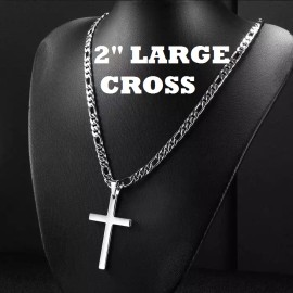 Cross 2" Big CROSS CHRISTIAN RELIGIOUS pendant ITALIAN 925 SILVER Plated 28" chain men
